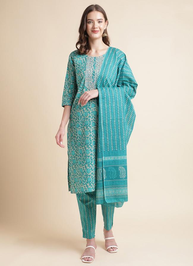 Cotton Teal Green Traditional Wear Digital Printed Readymade Salwaar Suit